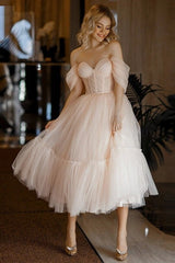 A Line Pink Prom Dress Tulle Tea Length Evening Dress