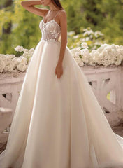 A Line Princess V Neck Tulle Lace Sweep Train Wedding Dress With Appliques Lace