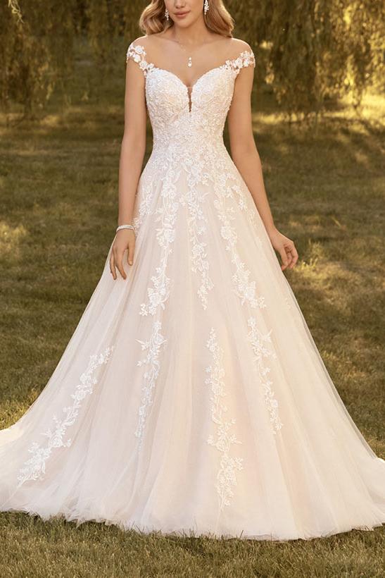 A Line Princess Wedding Dress with Appliques Lace