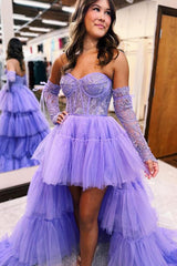 A Line Prom Dress Asymmetrical Strapless Tiered Tulle Evening Dress