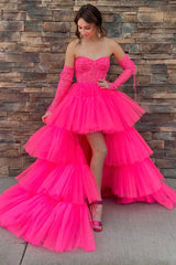 A Line Prom Dress Asymmetrical Strapless Tiered Tulle Evening Dress
