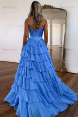 A Line Prom Dress Blue Strapless Tiered Corset Long Evening Dress