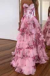 A Line Prom Dress Blue Sweetheart Corset Floral Tiered Long Formal Dress
