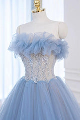 A Line Prom Dress Blue Tulle Lace Long Formal Gown Evening Dress
