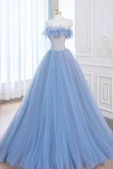 A Line Prom Dress Blue Tulle Lace Long Formal Gown Evening Dress