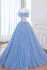 A Line Prom Dress Blue Tulle Lace Long Formal Gown Evening Dress
