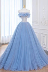 A Line Prom Dress Blue Tulle Lace Long Formal Gown Evening Dress