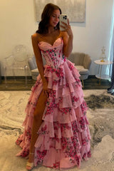 A Line Prom Dress Blush Sweetheart Corset Floral Tiered Long Evening Dress