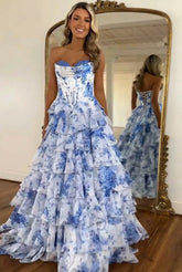 A Line Prom Dress Blush Sweetheart Corset Floral Tiered Long Evening Dress