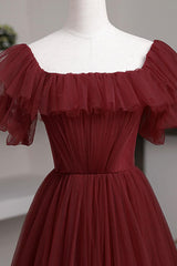 A Line Prom Dress Burgundy Prom Dress Tulle Long Formal Gown Evening Dress