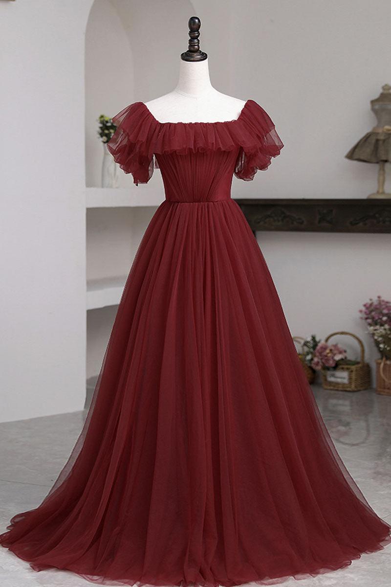 A Line Prom Dress Burgundy Prom Dress Tulle Long Formal Gown Evening Dress