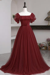 A Line Prom Dress Burgundy Prom Dress Tulle Long Formal Gown Evening Dress