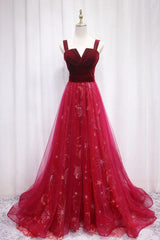 A Line Prom Dress Burgundy Tulle Lace Long Evening Gown Evening Dress