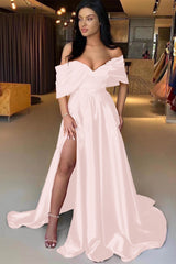A Line Prom Dress Cap Sleeve Off the Shoulder Satin Formal Dress