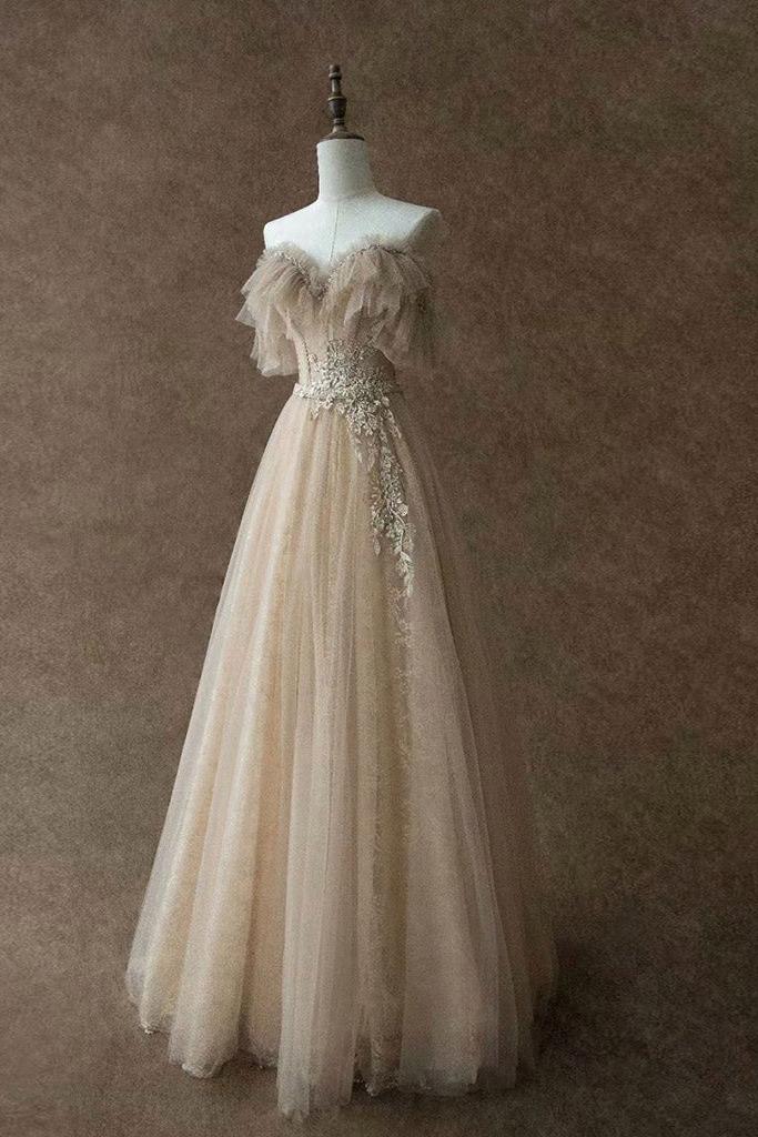 A Line Prom Dress Champagne Tulle Lace Long Formal Evening Gown Evening Dress