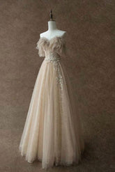 A Line Prom Dress Champagne Tulle Lace Long Formal Evening Gown Evening Dress