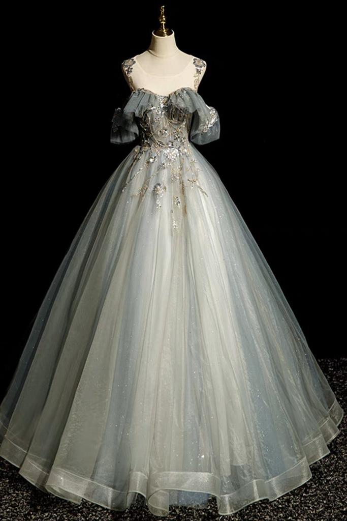 A Line Prom Dress Crew Neck Tulle Gray Blue Long Sequin Lace Evening Dress