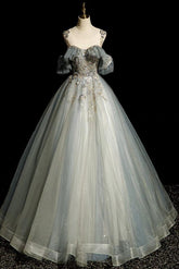 A Line Prom Dress Crew Neck Tulle Gray Blue Long Sequin Lace Evening Dress