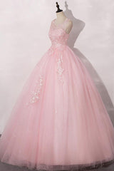 A Line Prom Dress Crew Neck Tulle Lace Pink Long Formal Dress Evening Dress