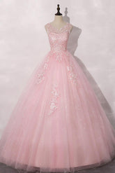 A Line Prom Dress Crew Neck Tulle Lace Pink Long Formal Dress Evening Dress
