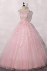 A Line Prom Dress Crew Neck Tulle Lace Pink Long Formal Dress Evening Dress