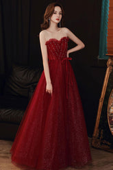 A Line Prom Dress Crew Neck Tulle Sequin Long Burgundy Formal Dress Evening Dress