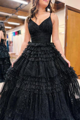 A Line Prom Dress Deep V Neck Tiered Long Glitter Tulle Evening Dress