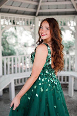 A Line Prom Dress Green V Neck Sequin Long Evening Dress