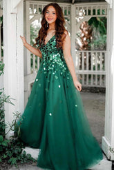 A Line Prom Dress Green V Neck Sequin Long Evening Dress