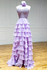 A Line Prom Dress High Neck Tiered Chiffon with 3D FlowerEvening Dress