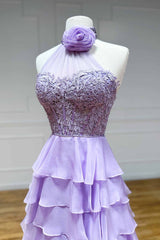 A Line Prom Dress High Neck Tiered Chiffon with 3D FlowerEvening Dress