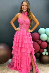 A Line Prom Dress High Neck Tiered Chiffon with 3D FlowerEvening Dress