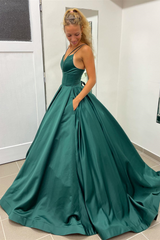 A Line Prom Dress Hunter Green V Neck Satin Long Evening Dress