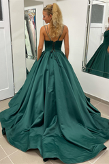 A Line Prom Dress Hunter Green V Neck Satin Long Evening Dress