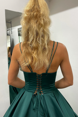 A Line Prom Dress Hunter Green V Neck Satin Long Evening Dress