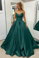 A Line Prom Dress Hunter Green V Neck Satin Long Evening Dress