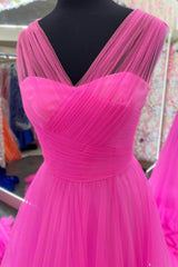 A Line Prom Dress Illusion V Neck Tulle Evening Dress