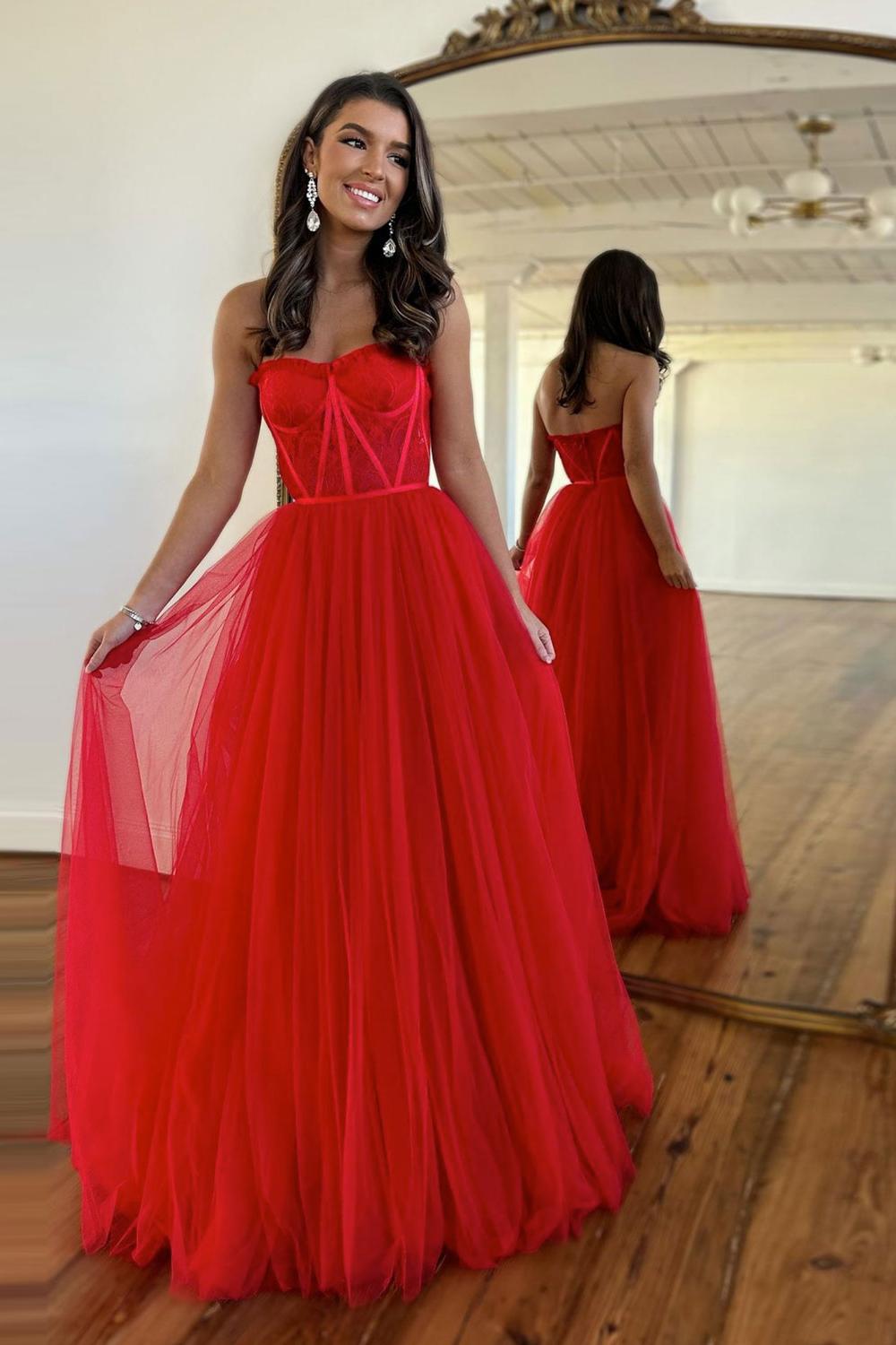 A Line Prom Dress Lace Tulle Red Long Formal Evening Dress