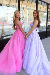 A Line Prom Dress Lilac Strapless Corset Tulle Long Evening Dress with Appliques
