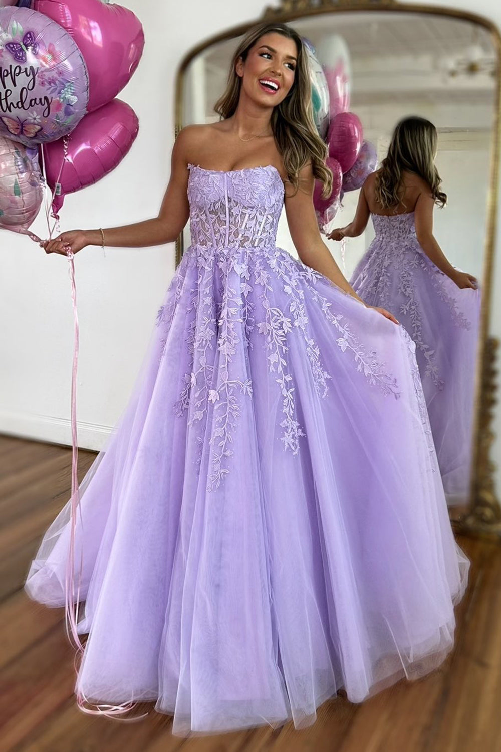 A Line Prom Dress Lilac Strapless Corset Tulle Long Evening Dress with Appliques