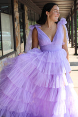 A Line Prom Dress Lilac V Neck Tiered Tulle Long Evening Dress with Slit