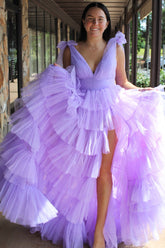 A Line Prom Dress Lilac V Neck Tiered Tulle Long Evening Dress with Slit
