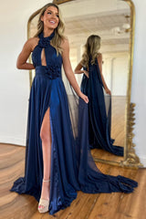 A Line Prom Dress Navy Halter Satin Pleated Long Evening Dress with Flower