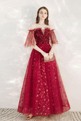 A Line Prom Dress Off the Shoulder Burgundy Long Formal Evening Dress