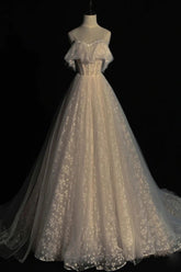 A Line Prom Dress Off the Shoulder Champagne Tulle Long Evening Gown Evening Dress