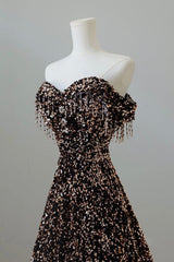 A Line Prom Dress Off the Shoulder Coffee Gold Sequin Long Formal Dress Evening Dress