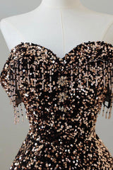 A Line Prom Dress Off the Shoulder Coffee Gold Sequin Long Formal Dress Evening Dress