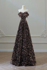 A Line Prom Dress Off the Shoulder Coffee Gold Sequin Long Formal Dress Evening Dress