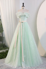 A Line Prom Dress Off the Shoulder Green Long Sweet 16 Dress Evening Dress