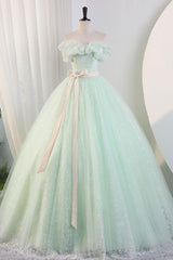 A Line Prom Dress Off the Shoulder Green Long Sweet 16 Dress Evening Dress